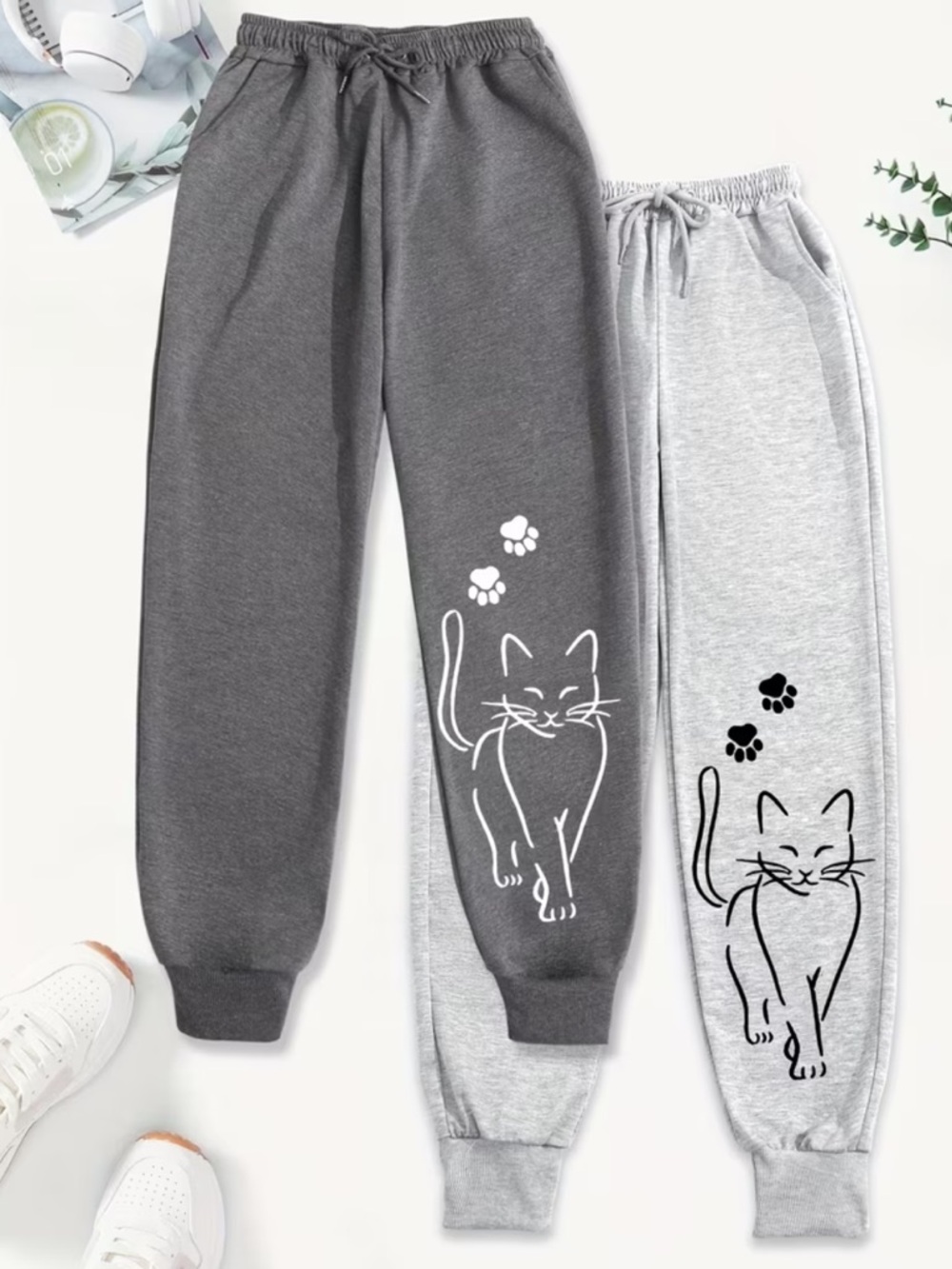 New Cat Print Jogger Sweatpants - Lt or Dk Gray